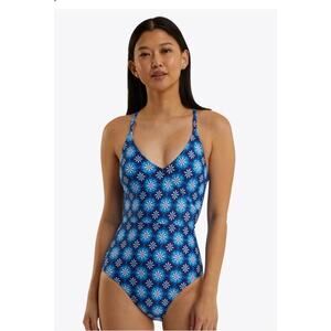 NEW Draper James Crossover Nassau‎ Navy Blue Multi One Piece Swimsuit XL UPF 50